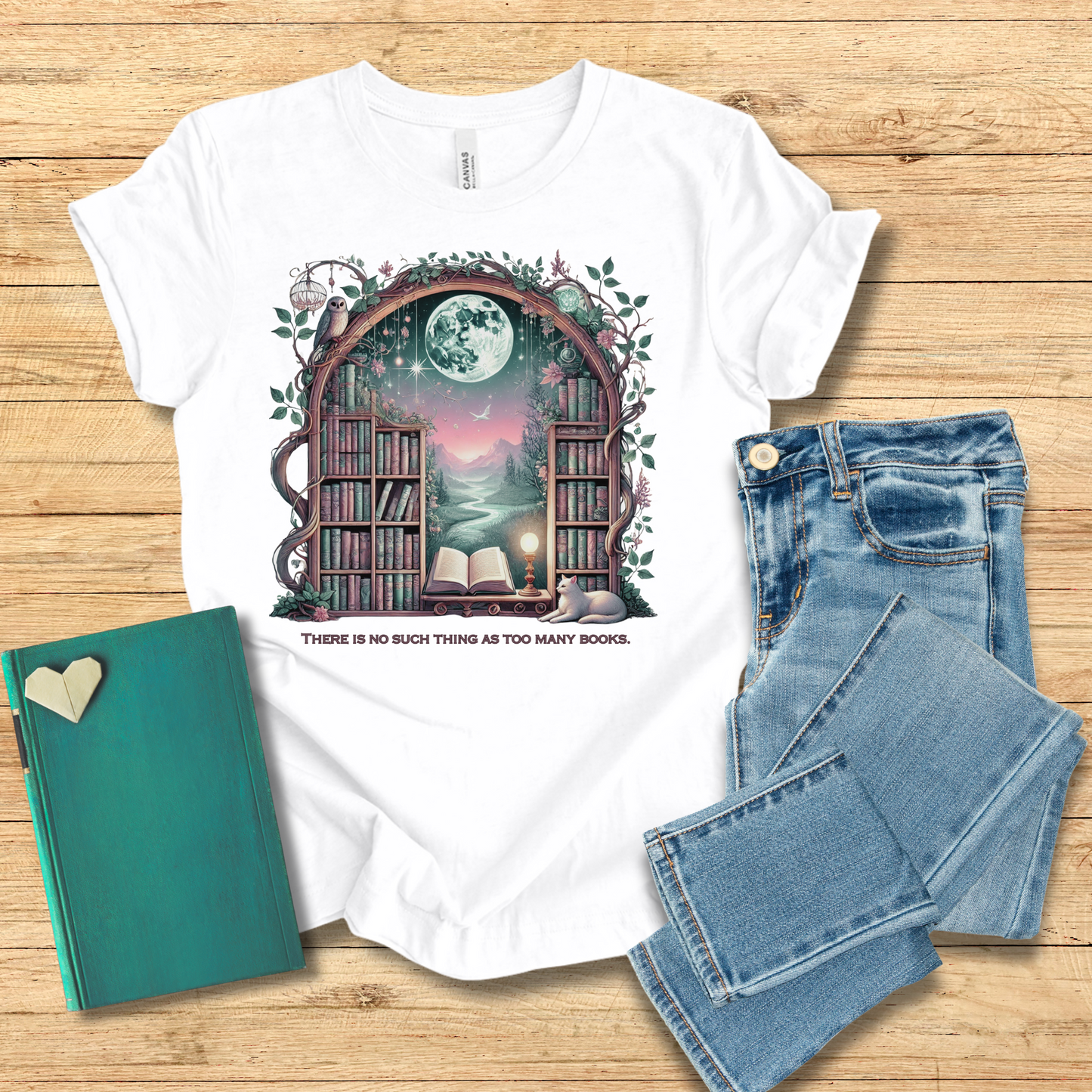 Moon No Such Thing As Too Many Books Tee
