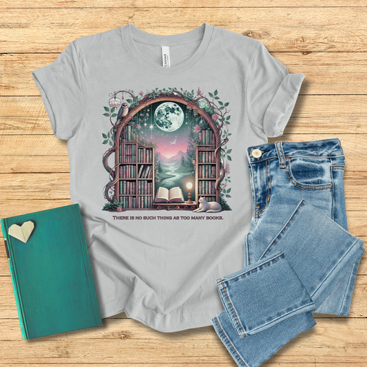 Moon No Such Thing As Too Many Books Tee